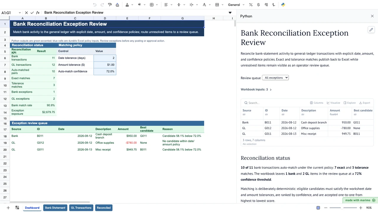 Bank Reconciliation Exception Review workbook and matching results preview