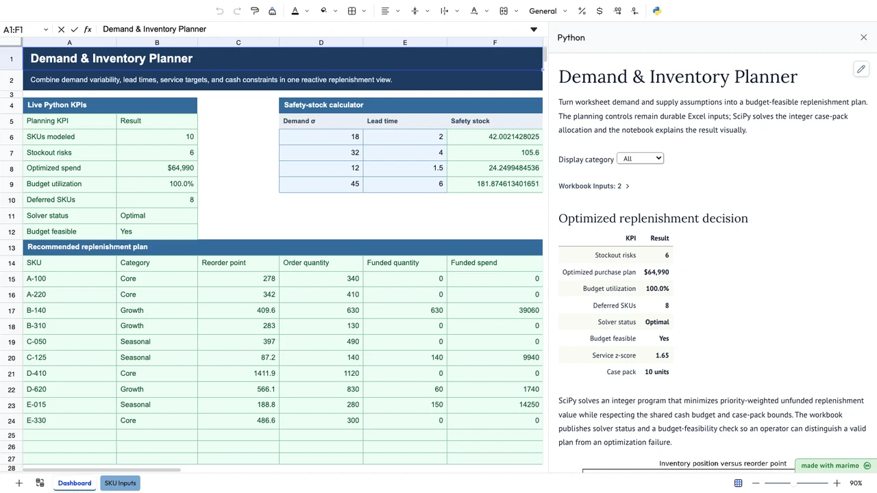 Demand and Inventory Planner workbook with a Python-powered application open beside Excel